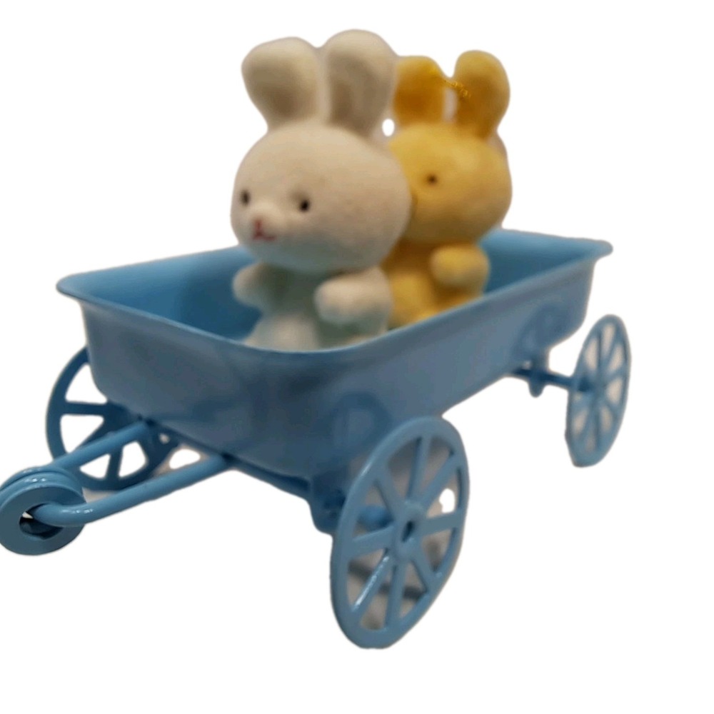 Vintage Avon The Spring Bunny Collection Flocked Bunnies Blue Wagon